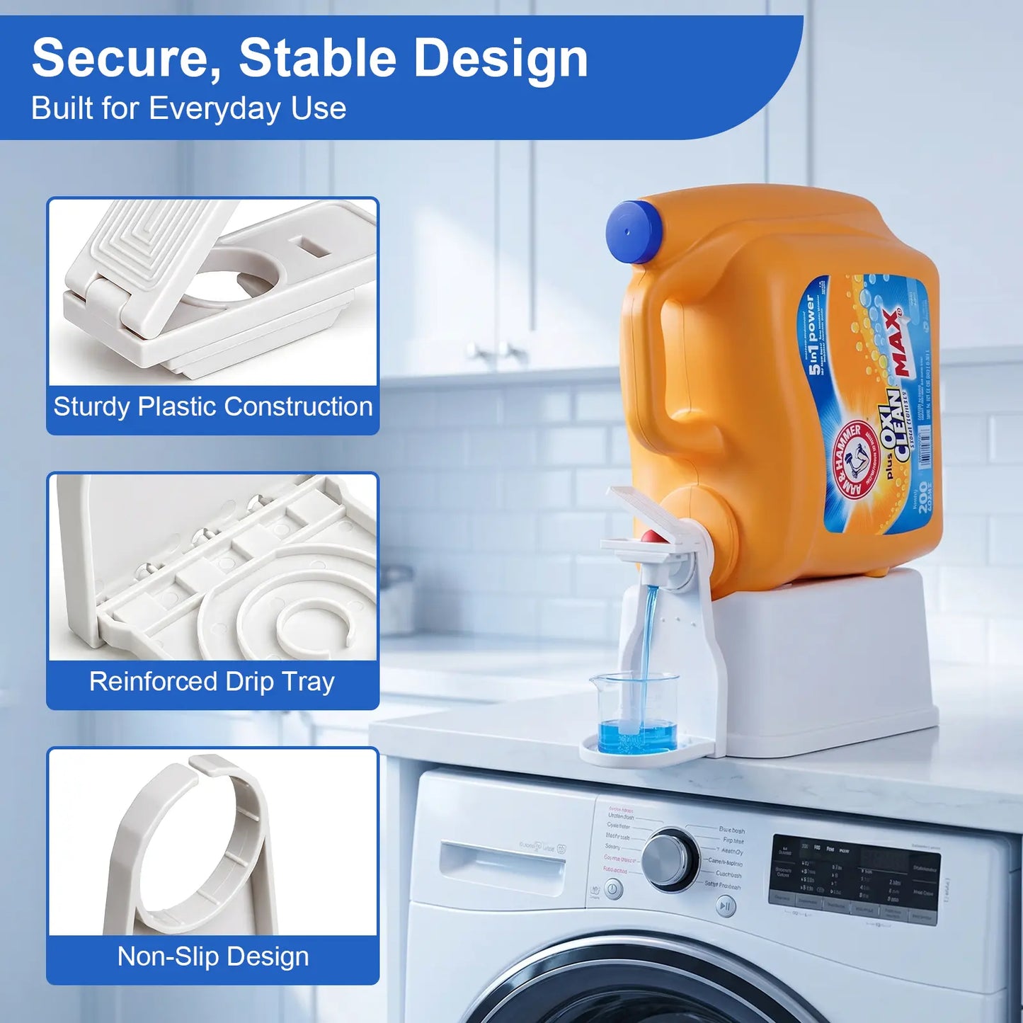 Laundry Detergent Dispenser Cup Holder with Upgraded Nozzle, Drip Tray & Easy Switch, No Mess Liquid Organizer for Laundry Room