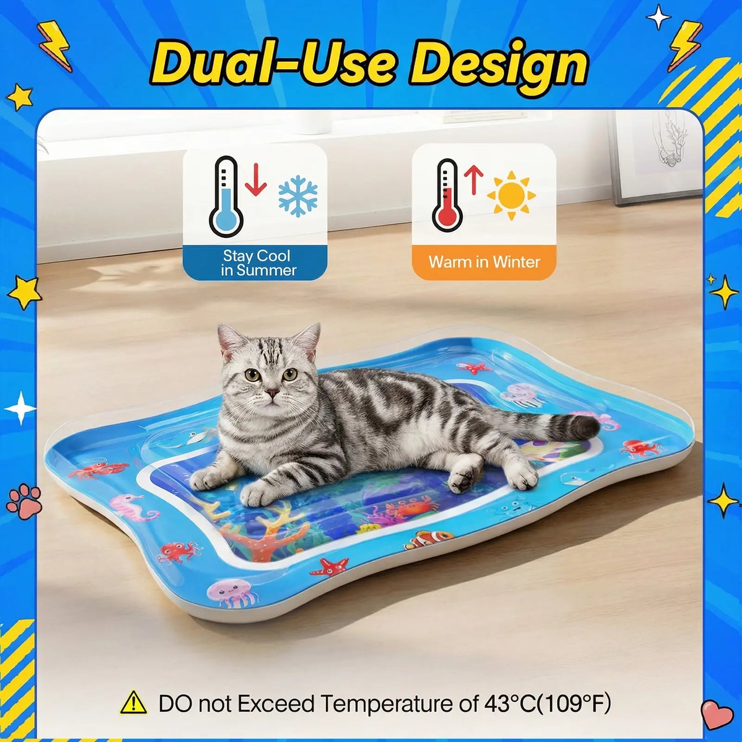 Catpick Cat Water Mat - Interactive Cat Toys Upgraded Thickened 0.7Mm PVC Cooling & Heating Water Bed with Floating Fish, Anti-Scratch Leak Proof Foldable Water Sensor Play Mat for Cats 17 X 25 Inches