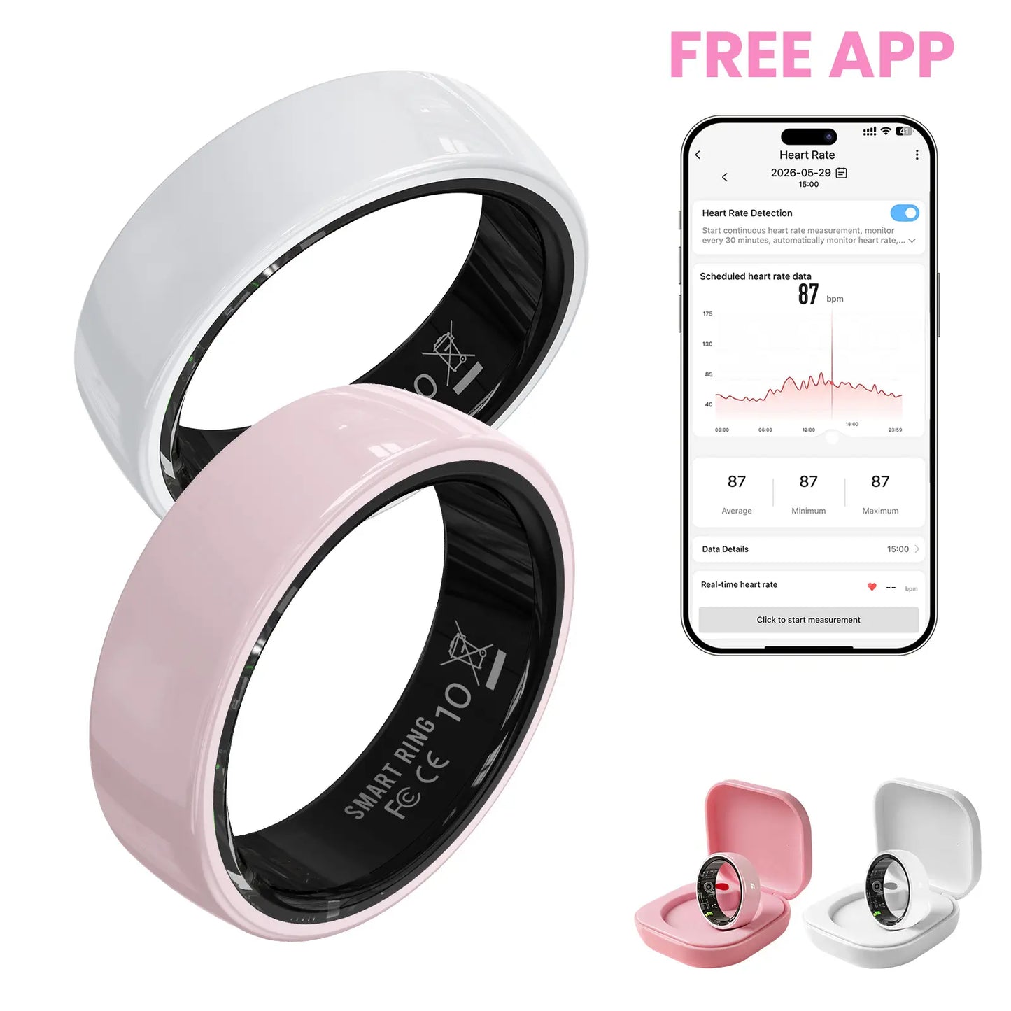 #6-#11 Pink White & Black Ceramic Smart Rings for Women & Men, Waterproof Wearable Fitness Trackers, Heart Rate, Stress & Cycle Monitor, Sleep Tracker, IP68 Waterproof, 5-7 Day Battery, Ios & Android Compatible with Charging Case, Couple Gift