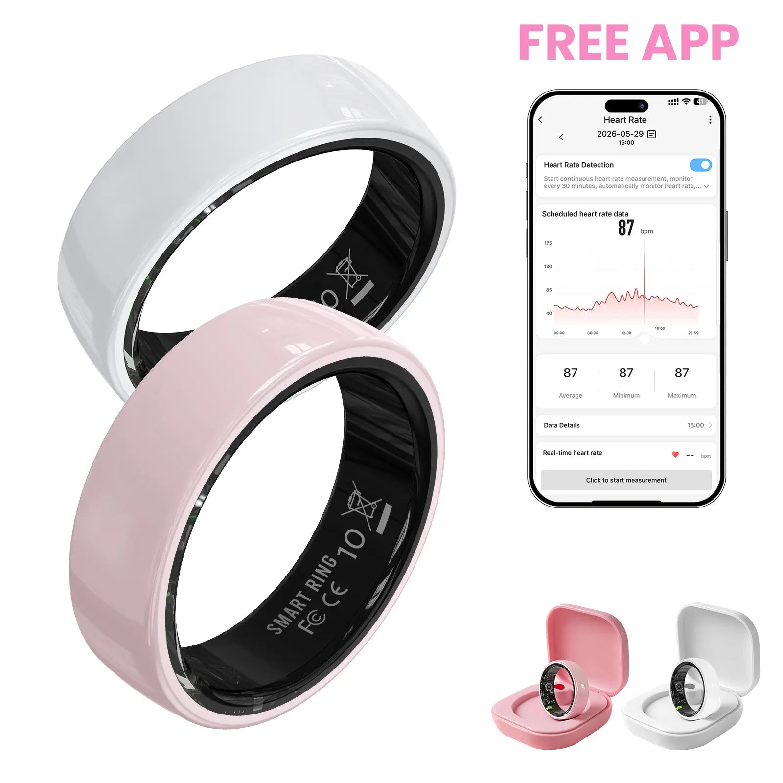 #6-#11 Pink White & Black Ceramic Smart Rings for Women & Men, Waterproof Wearable Fitness Trackers, Heart Rate, Stress & Cycle Monitor, Sleep Tracker, IP68 Waterproof, 5-7 Day Battery, Ios & Android Compatible with Charging Case, Couple Gift
