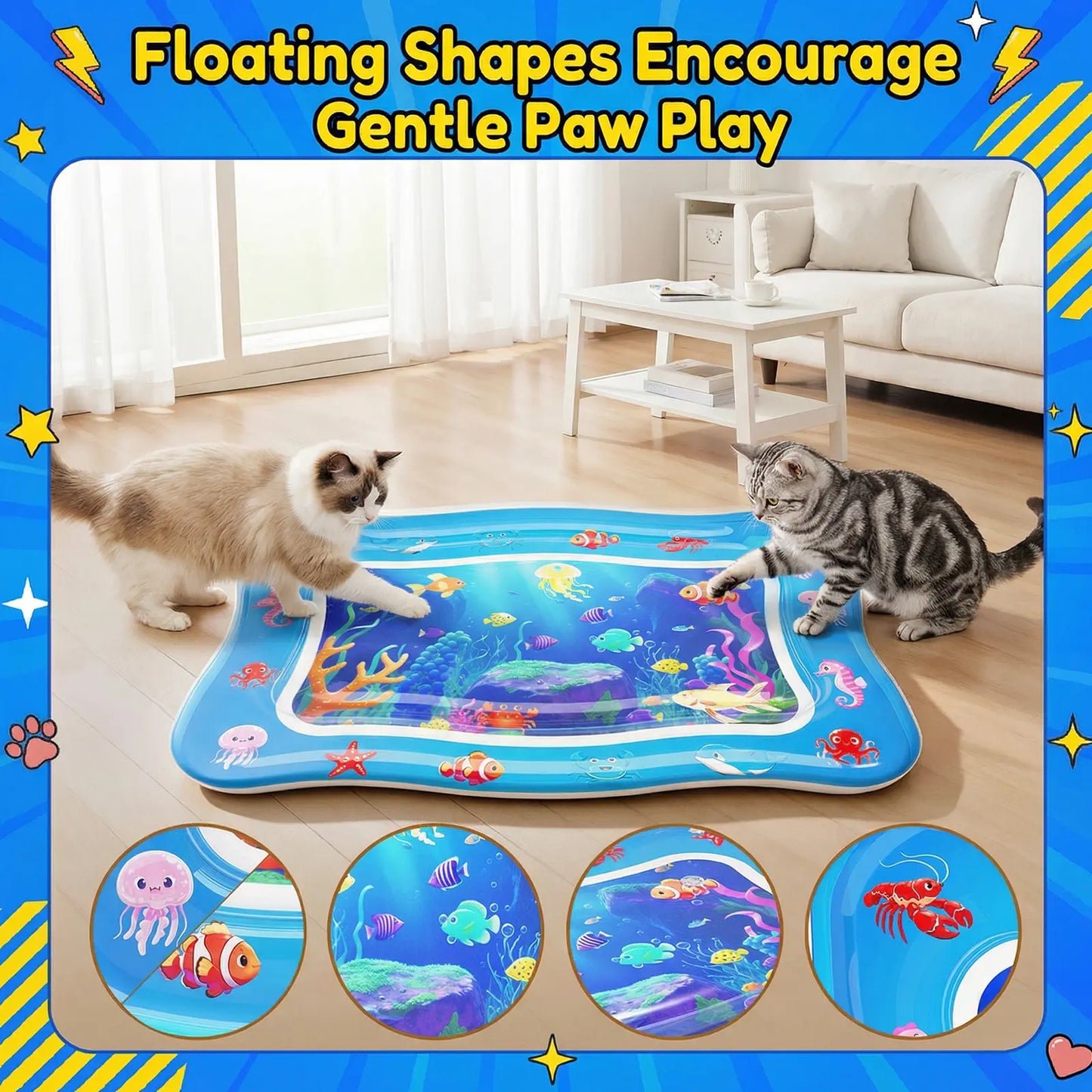Catpick Cat Water Mat - Interactive Cat Toys Upgraded Thickened 0.7Mm PVC Cooling & Heating Water Bed with Floating Fish, Anti-Scratch Leak Proof Foldable Water Sensor Play Mat for Cats 17 X 25 Inches
