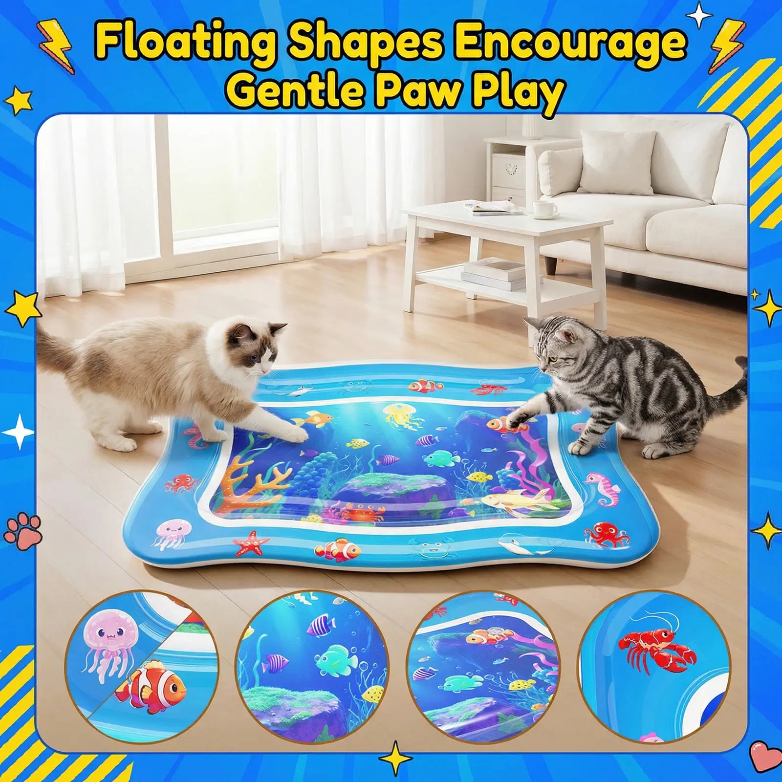 Catpick Cat Water Mat - Interactive Cat Toys Upgraded Thickened 0.7Mm PVC Cooling & Heating Water Bed with Floating Fish, Anti-Scratch Leak Proof Foldable Water Sensor Play Mat for Cats 17 X 25 Inches