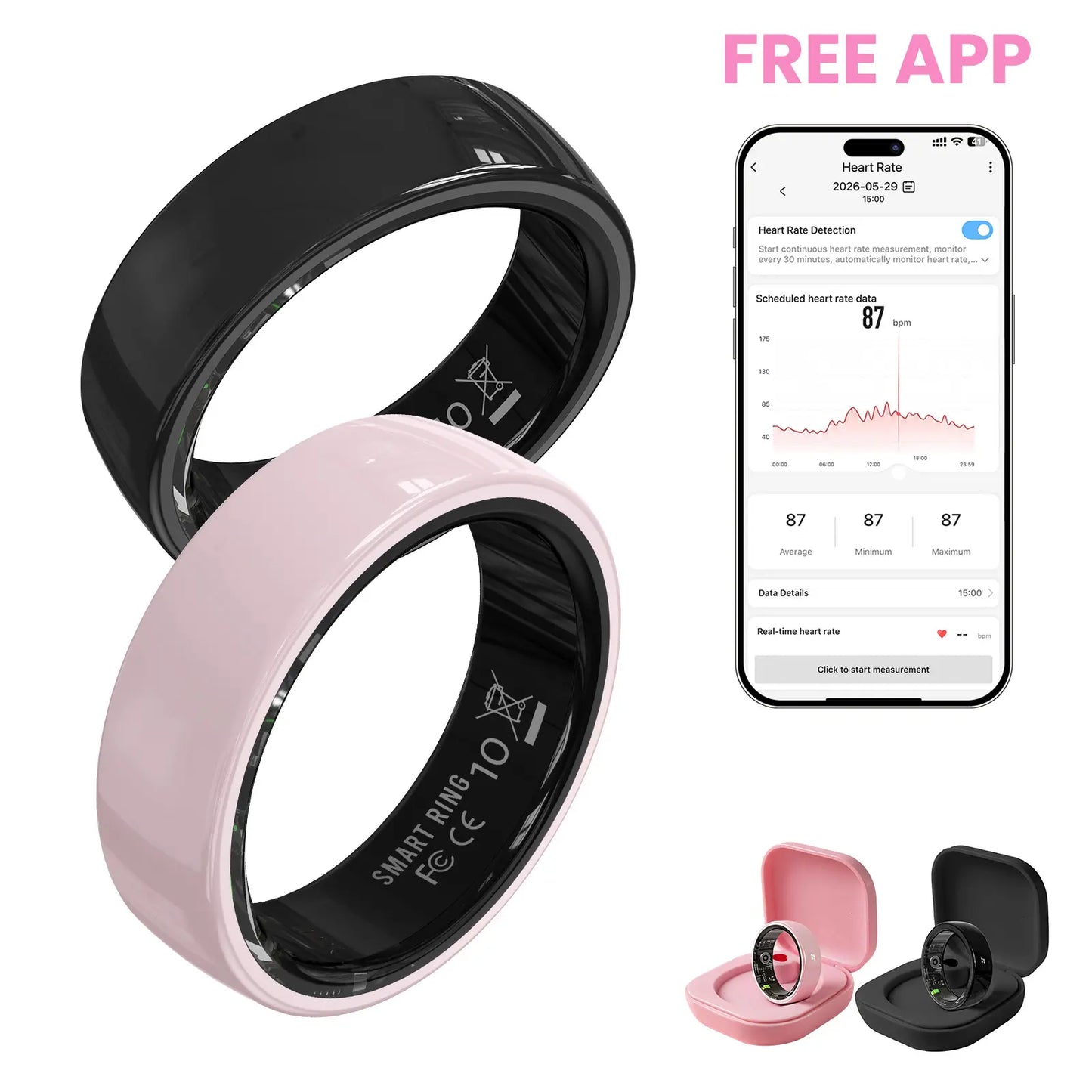 #6-#11 Pink White & Black Ceramic Smart Rings for Women & Men, Waterproof Wearable Fitness Trackers, Heart Rate, Stress & Cycle Monitor, Sleep Tracker, IP68 Waterproof, 5-7 Day Battery, Ios & Android Compatible with Charging Case, Couple Gift