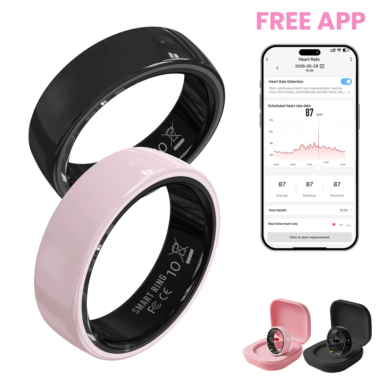 #6-#11 Pink White & Black Ceramic Smart Rings for Women & Men, Waterproof Wearable Fitness Trackers, Heart Rate, Stress & Cycle Monitor, Sleep Tracker, IP68 Waterproof, 5-7 Day Battery, Ios & Android Compatible with Charging Case, Couple Gift