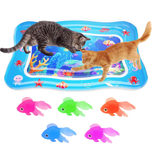 Catpick Cat Water Mat - Interactive Cat Toys Upgraded Thickened 0.7Mm PVC Cooling & Heating Water Bed with Floating Fish, Anti-Scratch Leak Proof Foldable Water Sensor Play Mat for Cats 17 X 25 Inches