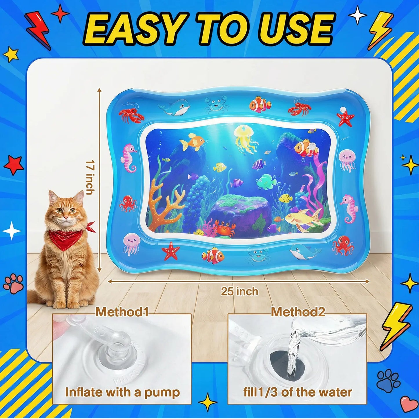 Catpick Cat Water Mat - Interactive Cat Toys Upgraded Thickened 0.7Mm PVC Cooling & Heating Water Bed with Floating Fish, Anti-Scratch Leak Proof Foldable Water Sensor Play Mat for Cats 17 X 25 Inches