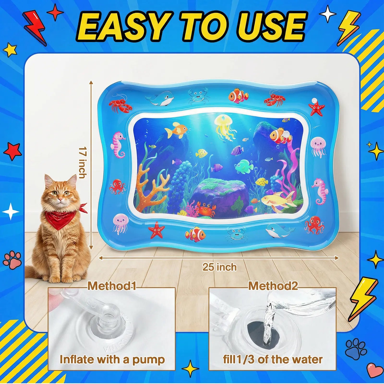 Catpick Cat Water Mat - Interactive Cat Toys Upgraded Thickened 0.7Mm PVC Cooling & Heating Water Bed with Floating Fish, Anti-Scratch Leak Proof Foldable Water Sensor Play Mat for Cats 17 X 25 Inches