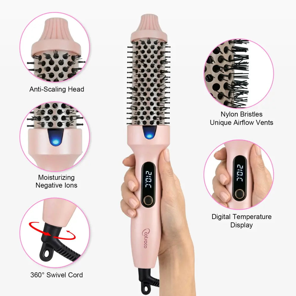 Cotsoco Ionic Thermal Brush, 1.5Inch Negative Ion Heated Styling Brush Universal Voltage, Curling Iron Hair Styling Comb with 6 Temperature Settings, Auto Power Off, Gift for Women