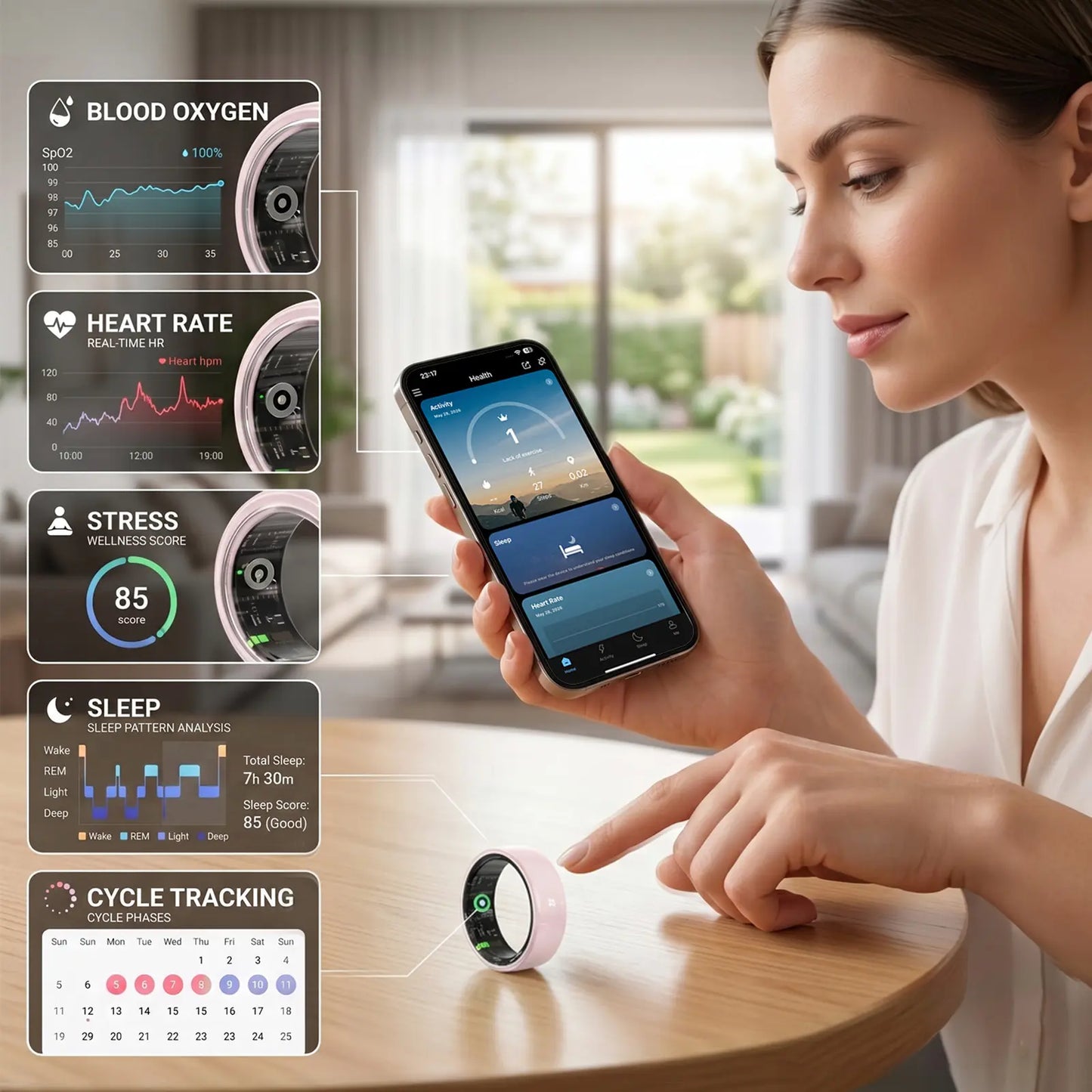 #6-#11 Pink White & Black Ceramic Smart Rings for Women & Men, Waterproof Wearable Fitness Trackers, Heart Rate, Stress & Cycle Monitor, Sleep Tracker, IP68 Waterproof, 5-7 Day Battery, Ios & Android Compatible with Charging Case, Couple Gift
