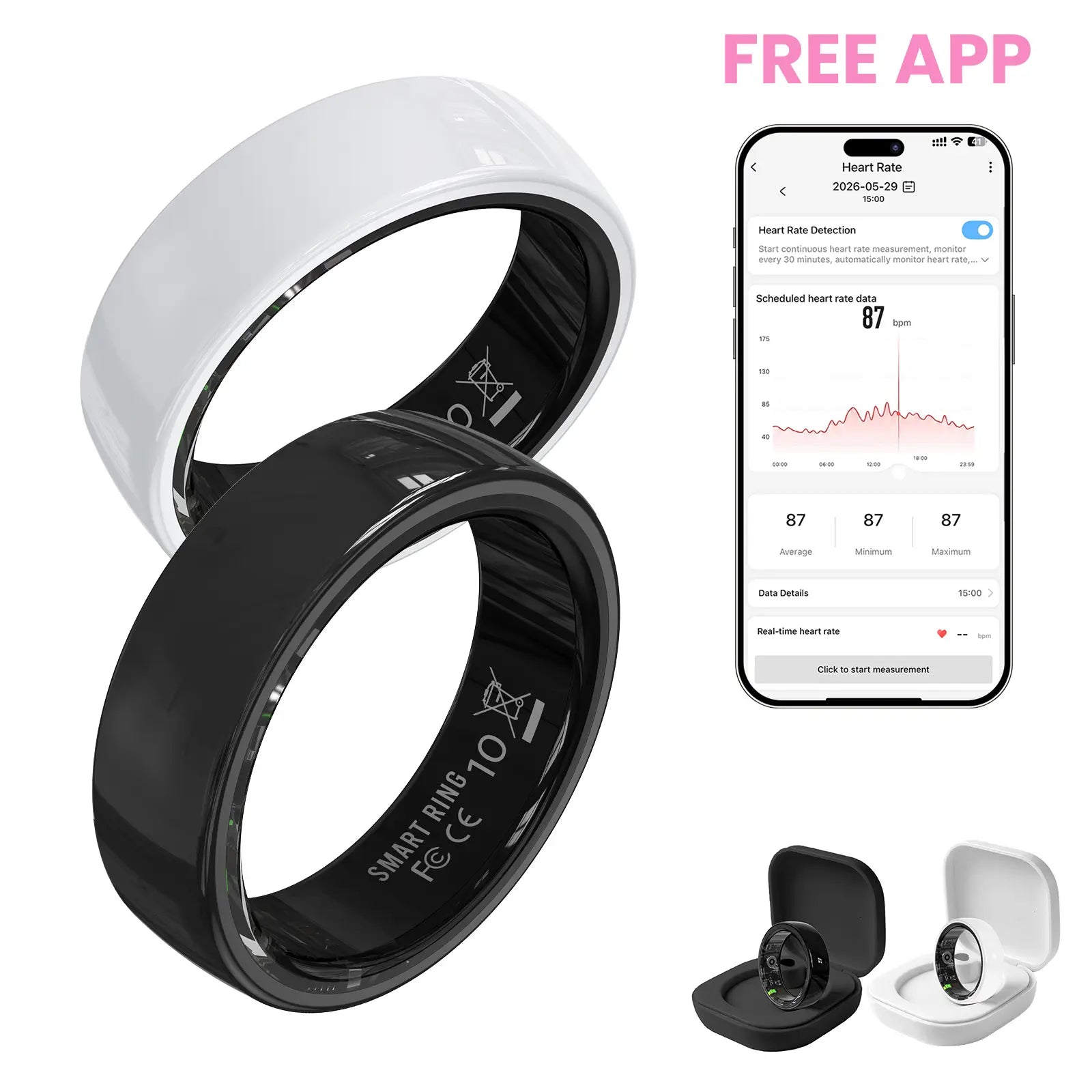 #6-#11 Pink White & Black Ceramic Smart Rings for Women & Men, Waterproof Wearable Fitness Trackers, Heart Rate, Stress & Cycle Monitor, Sleep Tracker, IP68 Waterproof, 5-7 Day Battery, Ios & Android Compatible with Charging Case, Couple Gift