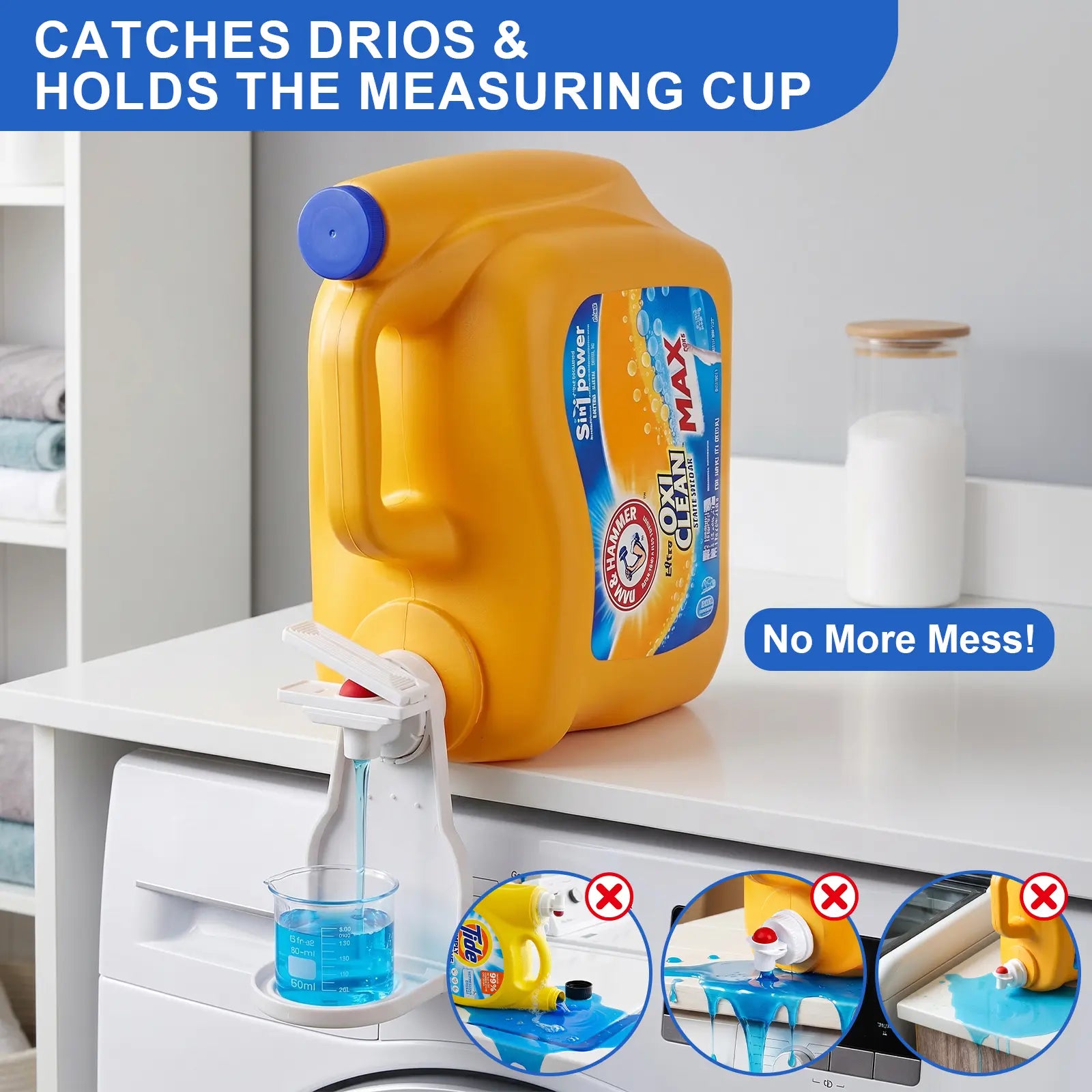 Laundry Detergent Dispenser Cup Holder with Upgraded Nozzle, Drip Tray & Easy Switch, No Mess Liquid Organizer for Laundry Room
