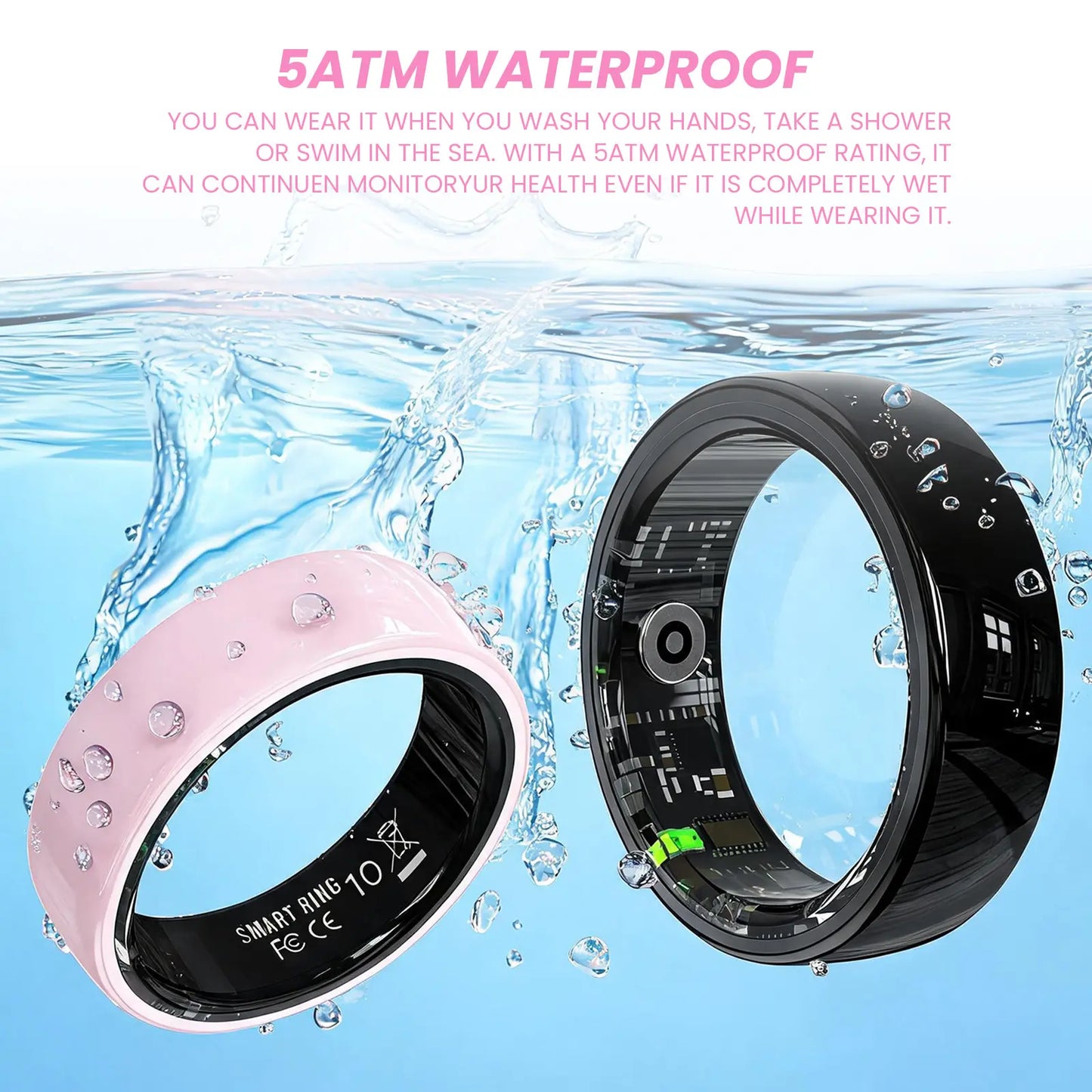 #6-#11 Pink White & Black Ceramic Smart Rings for Women & Men, Waterproof Wearable Fitness Trackers, Heart Rate, Stress & Cycle Monitor, Sleep Tracker, IP68 Waterproof, 5-7 Day Battery, Ios & Android Compatible with Charging Case, Couple Gift