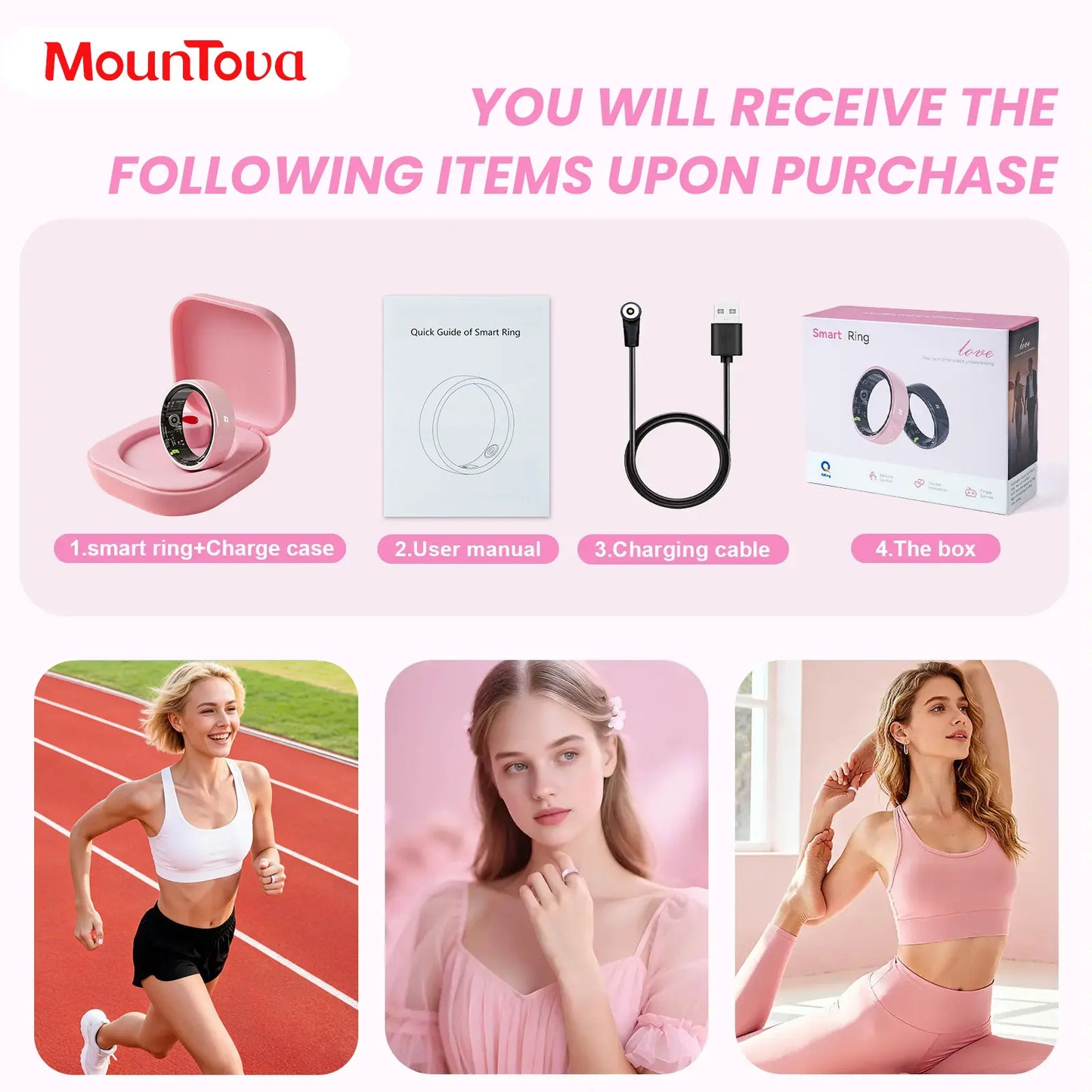 #6-#11 Pink White & Black Ceramic Smart Rings for Women & Men, Waterproof Wearable Fitness Trackers, Heart Rate, Stress & Cycle Monitor, Sleep Tracker, IP68 Waterproof, 5-7 Day Battery, Ios & Android Compatible with Charging Case, Couple Gift